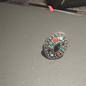 Vintage-Inspired Silver Ring with Red and Turquoise Accents